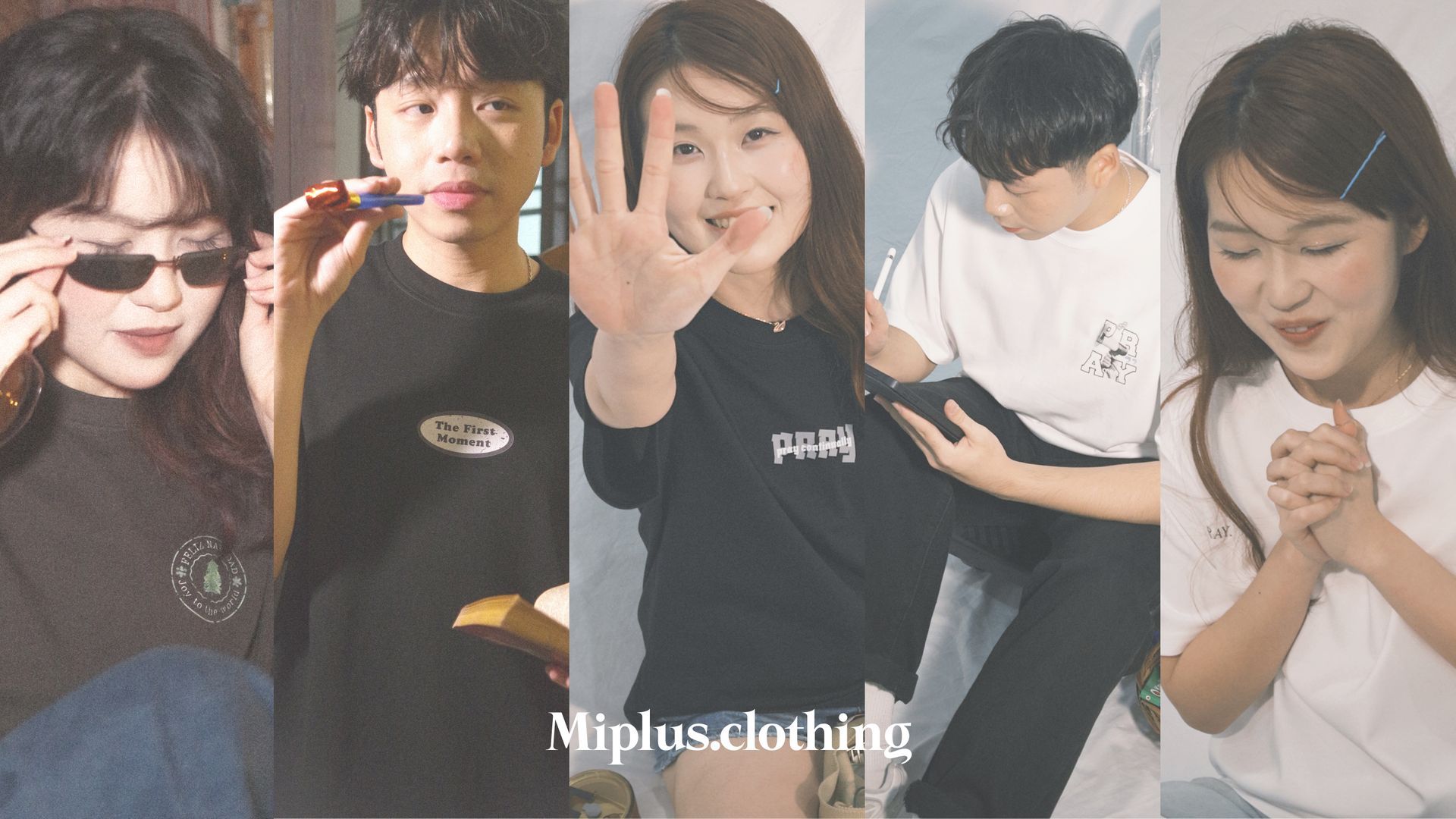 Five young people in black and white t-shirts; one wears sunglasses, one holds a pen, and another holds their hand up.