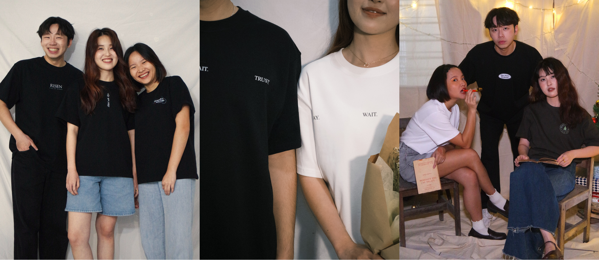 People wearing matching t-shirts in various settings.