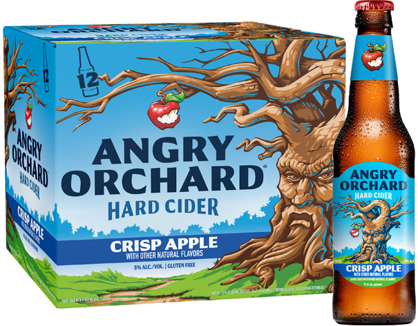 Angry Orchard Crisp Apple hard cider box and bottle on a blue sky background