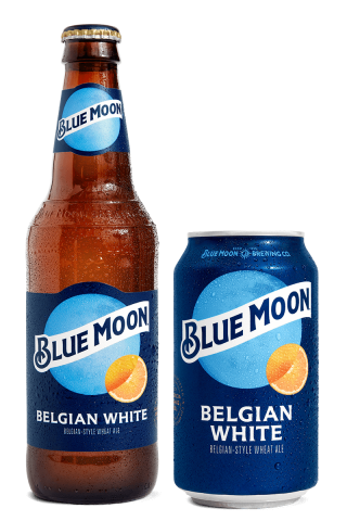 Blue Moon Belgian White beer bottle and can on a white background