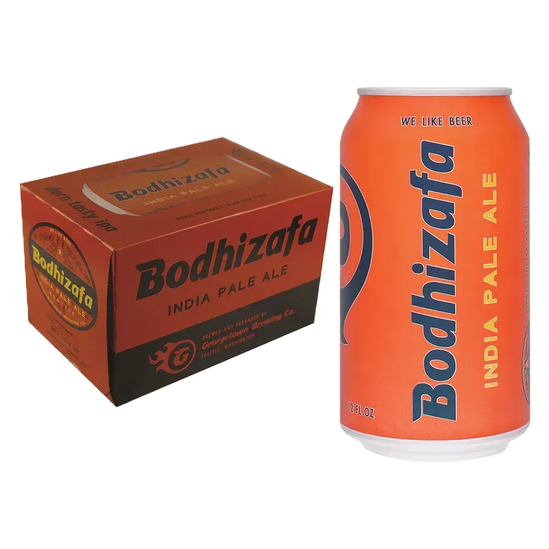 Bodhizafa India Pale Ale orange beer can and matching six-pack box on white background