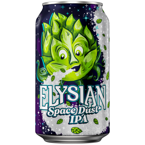 Elysian Space Dust IPA can with a green hop face and starry space-themed design