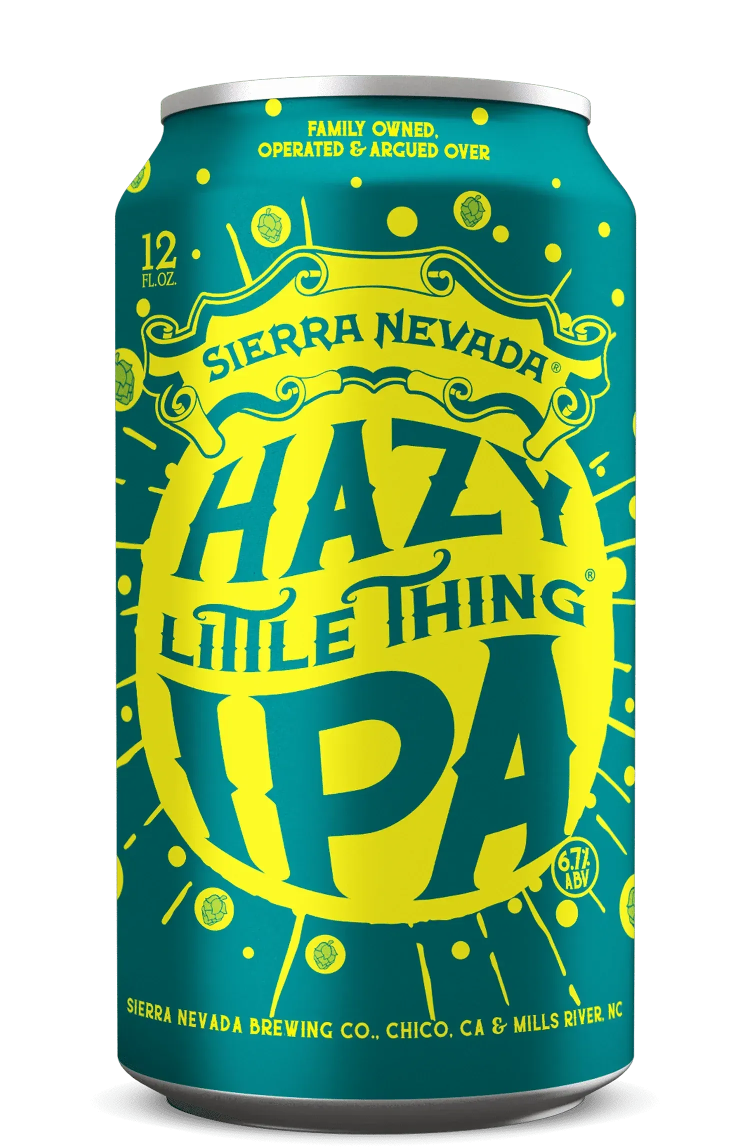 Sierra Nevada Hazy Little Thing IPA can, teal with yellow lettering and hop illustrations