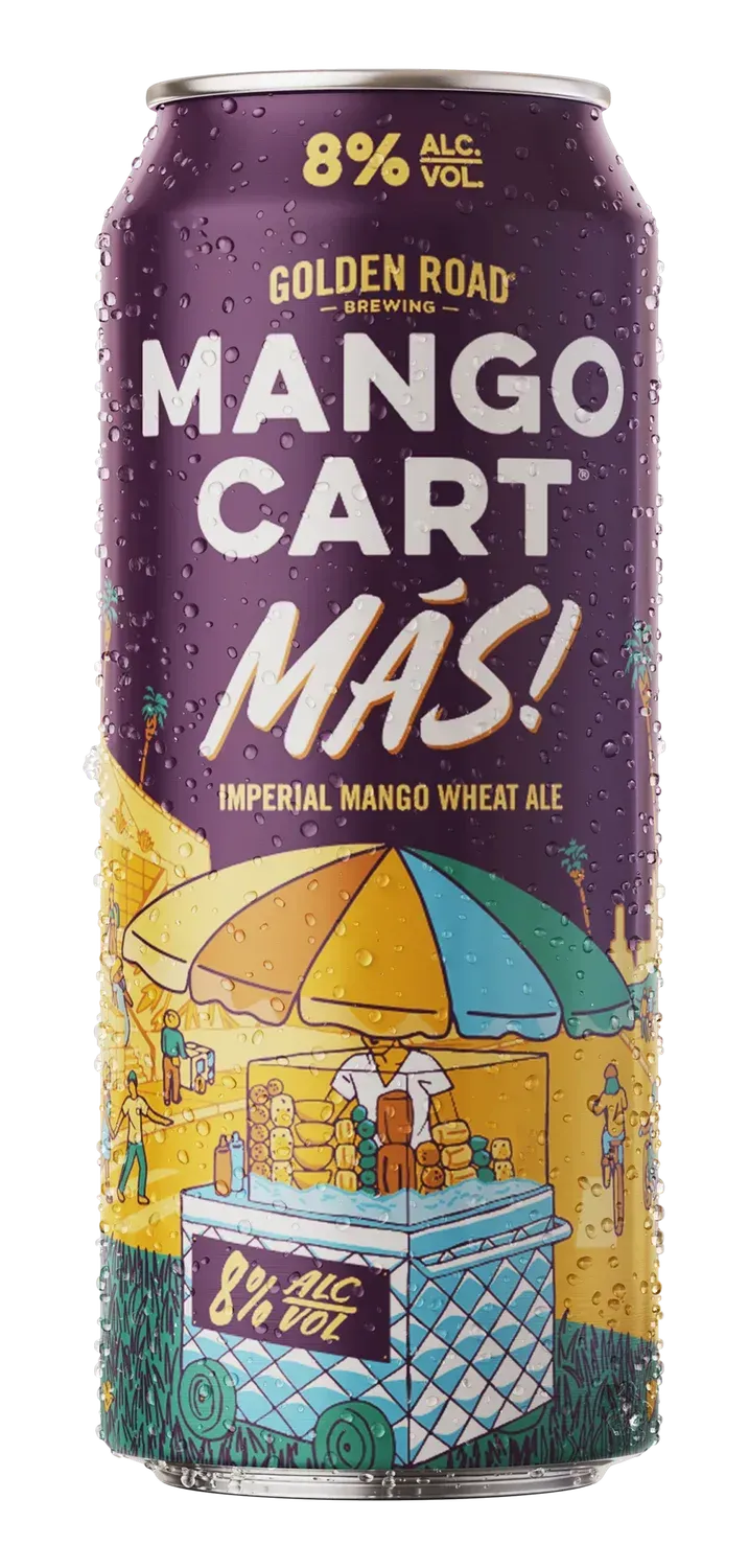 Purple can labeled “Mango Cart Más!” with a yellow street cart illustration and 8% ABV