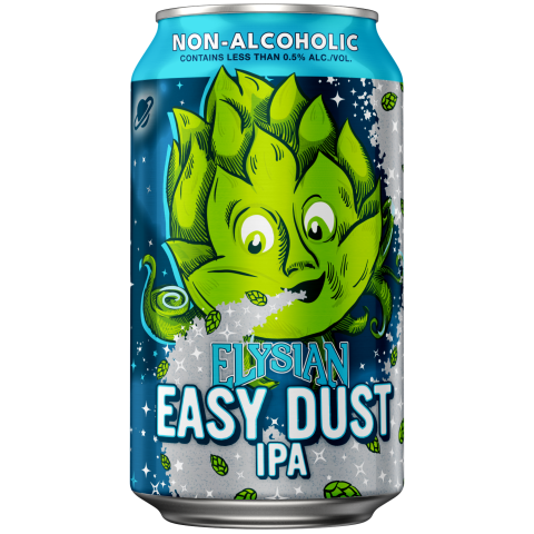 Can of Elysian Easy Dust IPA, non-alcoholic, with green hop mascot on blue background