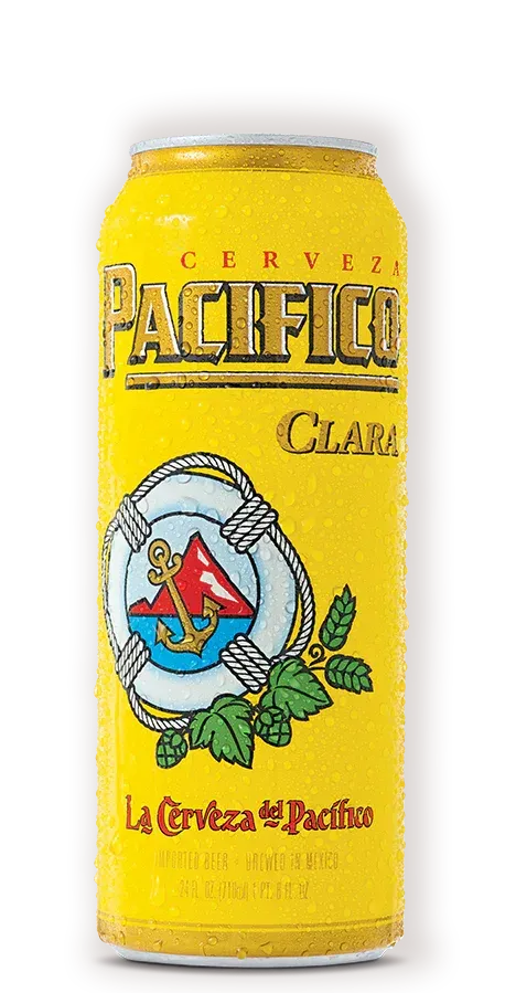 Yellow Pacifico Clara beer can with a crest logo and green hops design
