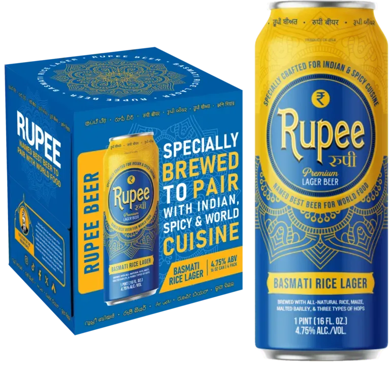 Blue Rupee beer box and can labeled “Specially Brewed to Pair with Indian, Spice & World Cuisine.”