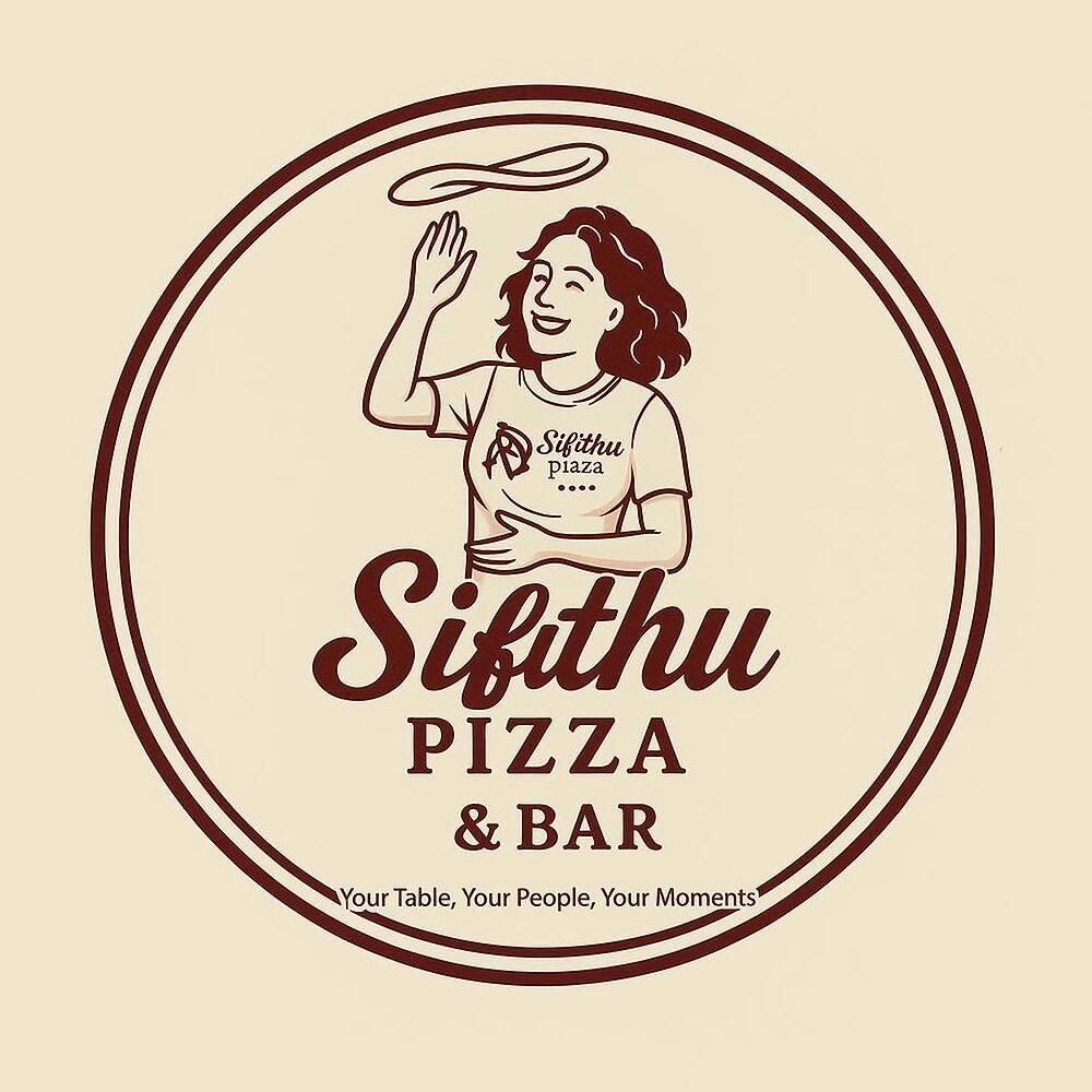 Round Sifthu Pizza & Bar logo in brown, with a smiling pizza server and the slogan “Your Table, Your People, Your Moments.”