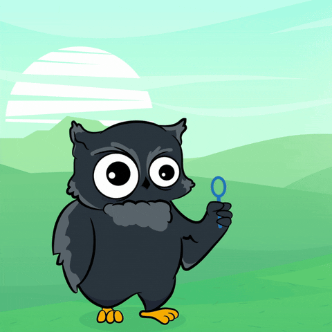 Cartoon owl holding a bubble wand on a green hill with sun and mountains.
