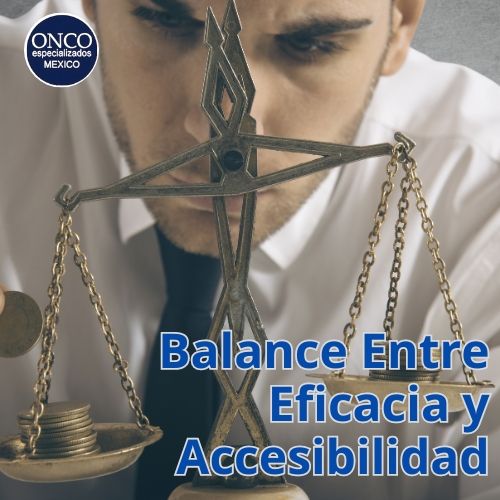 Balanza con una persona seria con bata blanca y el texto: “Balance Entre Eficacia y Accesibilidad”