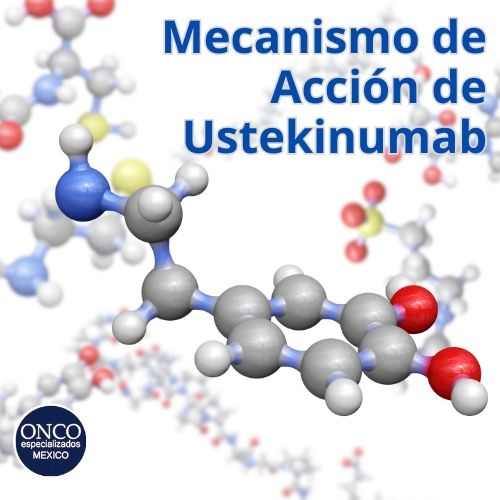 “Mecanismo de Acción de Ustekinumab” text over a 3D molecular model on a white background.