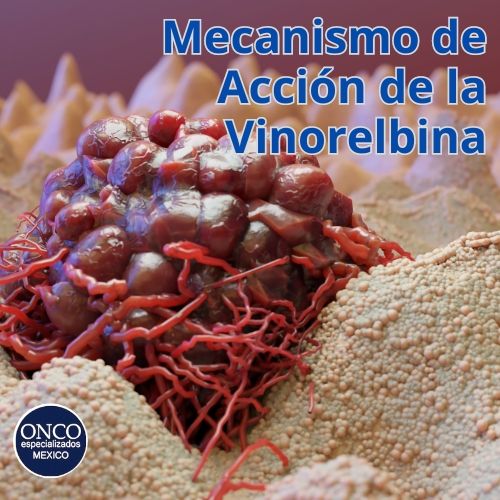 Ilustración en 3D de células cancerosas, destacando el mecanismo de acción de la vinorelbina.