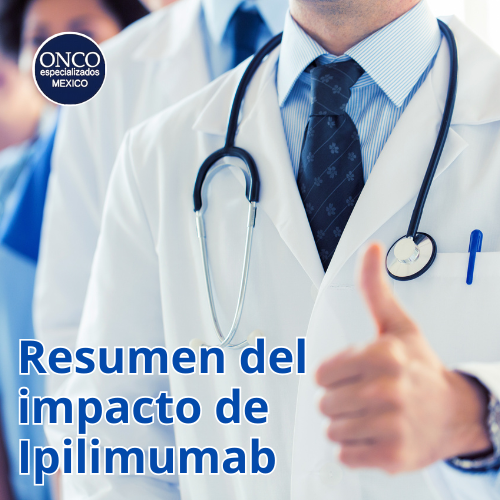 Médico con bata blanca y estetoscopio levantando el pulgar; el texto dice “Resumen del impacto de Ipilimumab”.