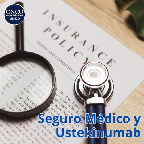 Seguro médico y ustekinumab sobre póliza de seguro con estetoscopio y lupa