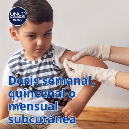 Niño recibe inyección subcutánea; texto: “Dosis semanal, quincenal o mensual”.