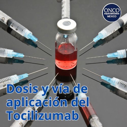 Vial rojo con jeringas que representan administración intravenosa.