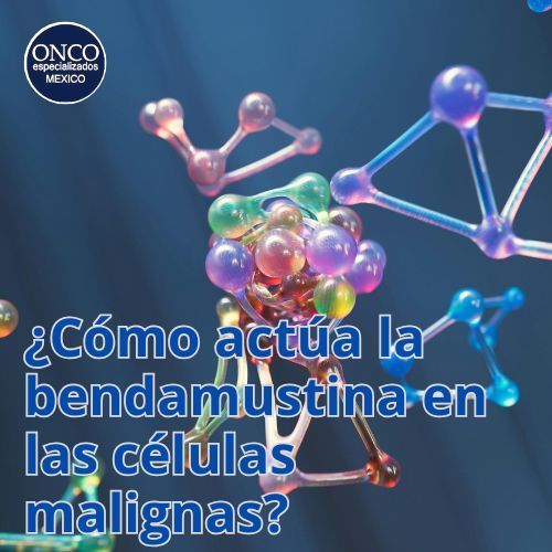 Texto en español sobre bendamustina y células malignas, con moléculas de colores sobre fondo azul.