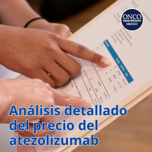 Mano señalando un documento con gráfico azul y el texto “Análisis detallado del precio del atezolizumab”
