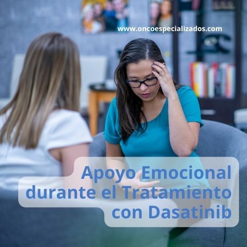 Dos mujeres conversan en consulta; una se toca la sien. Texto: “Apoyo Emocional durante el Tratamiento con Dasatinib”