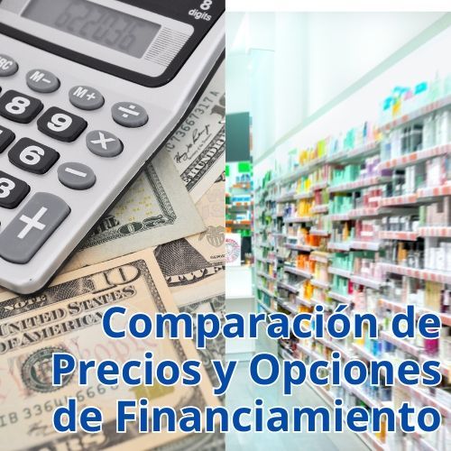 Calculadora, billetes y pasillo de tienda con texto “Comparación de Precios y Opciones de Financiamiento”