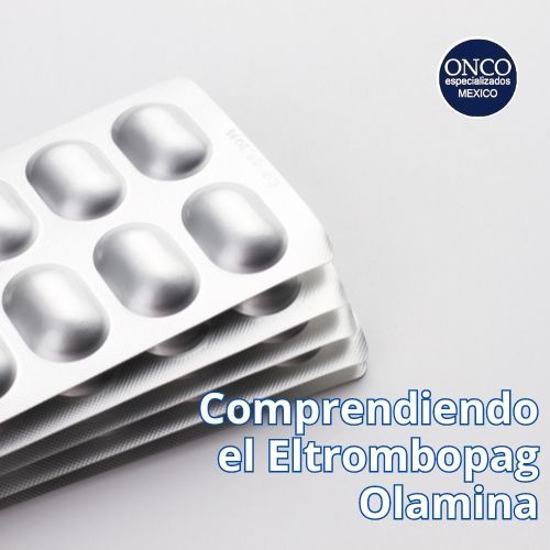Blíster de pastillas plateadas sobre fondo blanco con texto “Comprendiendo el Eltrombopag Olamina”