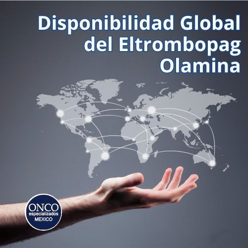 Texto en español sobre disponibilidad global de eltrombopag olamina con mapa mundial y una mano extendida