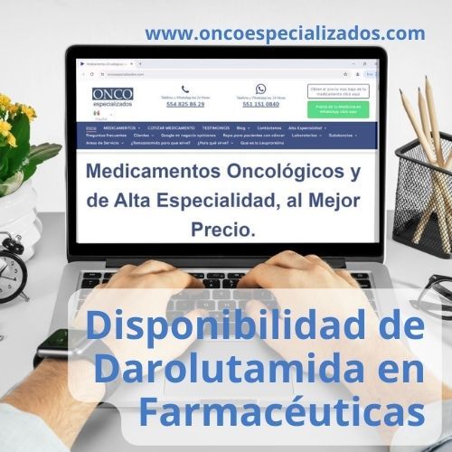 Laptop showing an oncology pharmacy website with the text “Disponibilidad de Darolutamida en Farmacéuticas”