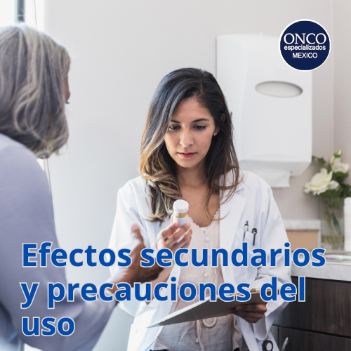Mujer en consulta médica sostiene un frasco; texto: “Efectos secundarios y precauciones del uso”