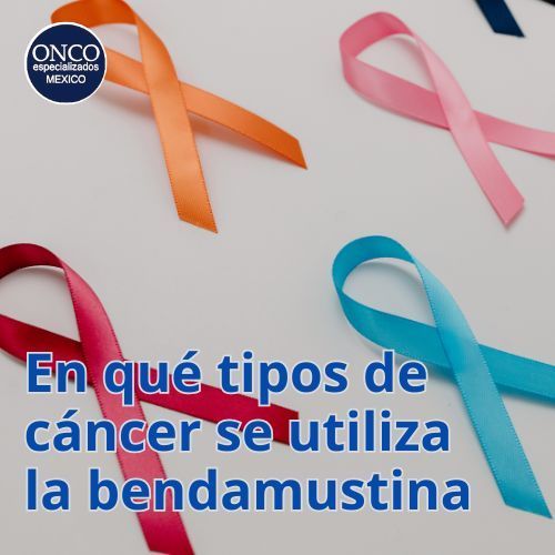 Lazos rosa, naranja y azul con texto: “En qué tipos de cáncer se utiliza la bendamustina”