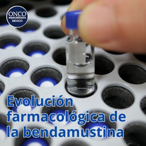 Vial de medicamento en un soporte de laboratorio con texto “Evolución farmacológica de la bendamustina”