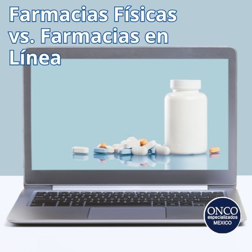 Laptop with pills and medicine bottle; text reads “Farmacias Físicas vs. Farmacias en Línea”