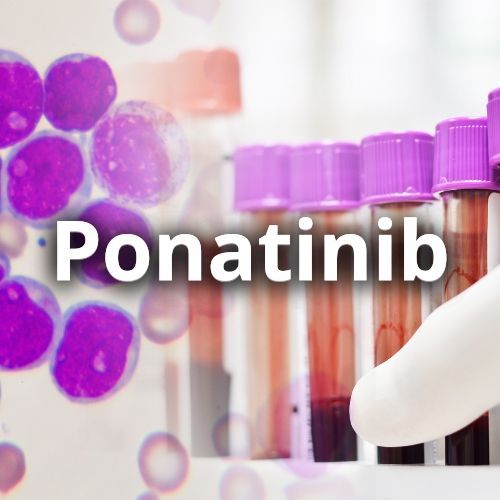 Etiqueta de Ponatinib sobre viales de sangre de color púrpura en un entorno de laboratorio.