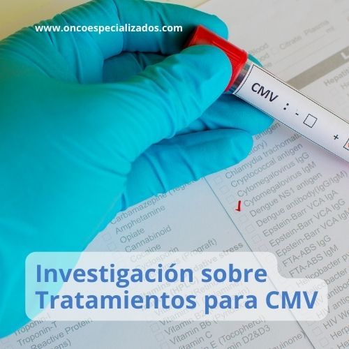 Gloved hand holding CMV test strip over medical document with text “Investigación sobre Tratamientos para CMV”