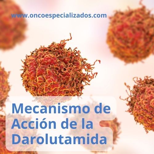 Ilustración médica con células naranjas y texto: “Mecanismo de Acción de la Darolutamida”