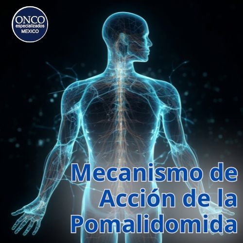 Silhouette médica azul con título “Mecanismo de Acción de la Pomalidomida” en fondo negro