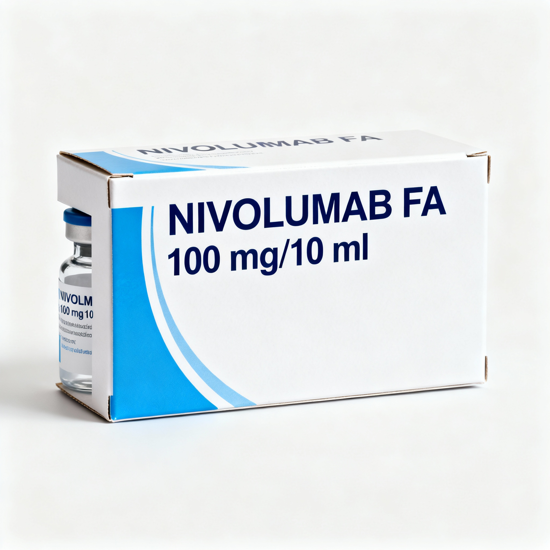 Caja de medicamento Nivolumab FA 100 mg/10 ml en envase blanco y azul.