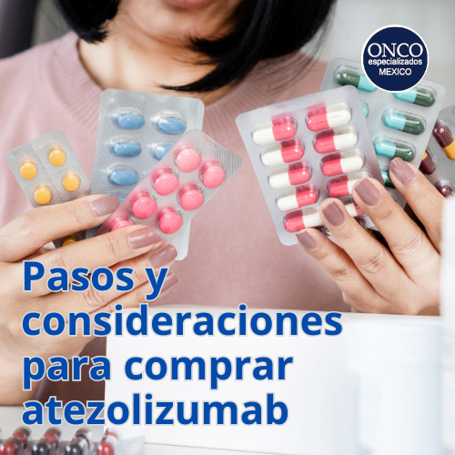 Mujer sostiene blísteres de pastillas; texto: “Pasos y consideraciones para comprar atezolizumab”