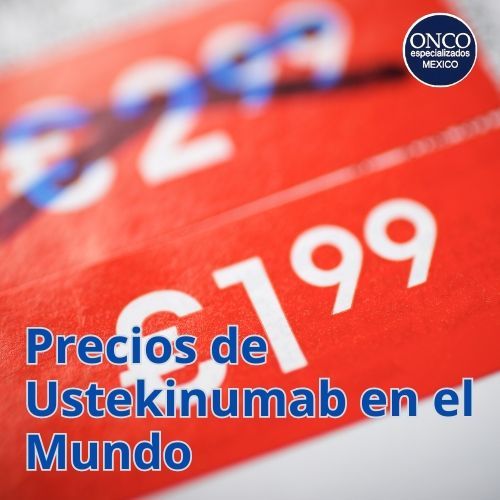 Precios de ustekinumab en el mundo sobre fondo rojo con números de precios y logo ONCO.