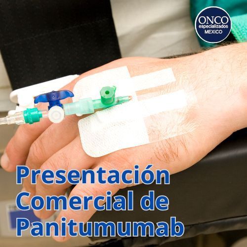 Brazo con vía intravenosa y texto “Presentación Comercial de Panitumumab” sobre fondo negro y azul