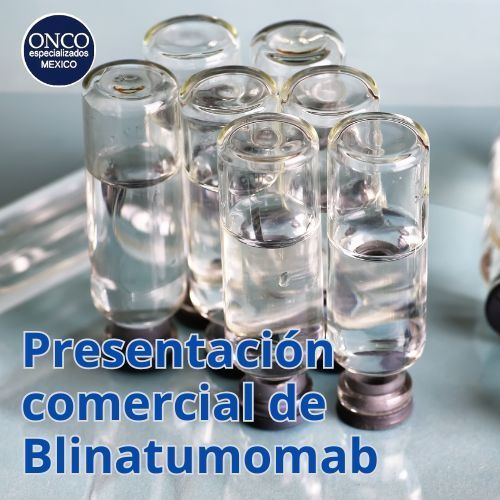 Viales y jeringas representando la presentación comercial de Blinatumomab.