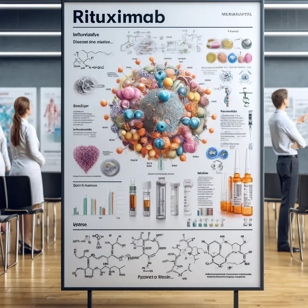 Un cartel de rituximab se exhibe en una sala de conferencias.