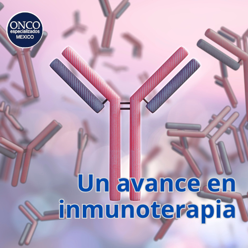 Ilustración de anticuerpos rosados con el texto “Un avance en inmunoterapia” y logo de Onco México.