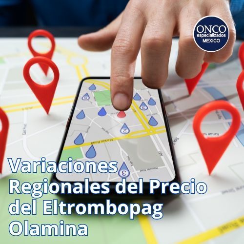 Mano apuntando a un mapa con pines rojos y móvil, texto: “Variaciones regionales del precio del eltrombopag olamina”.