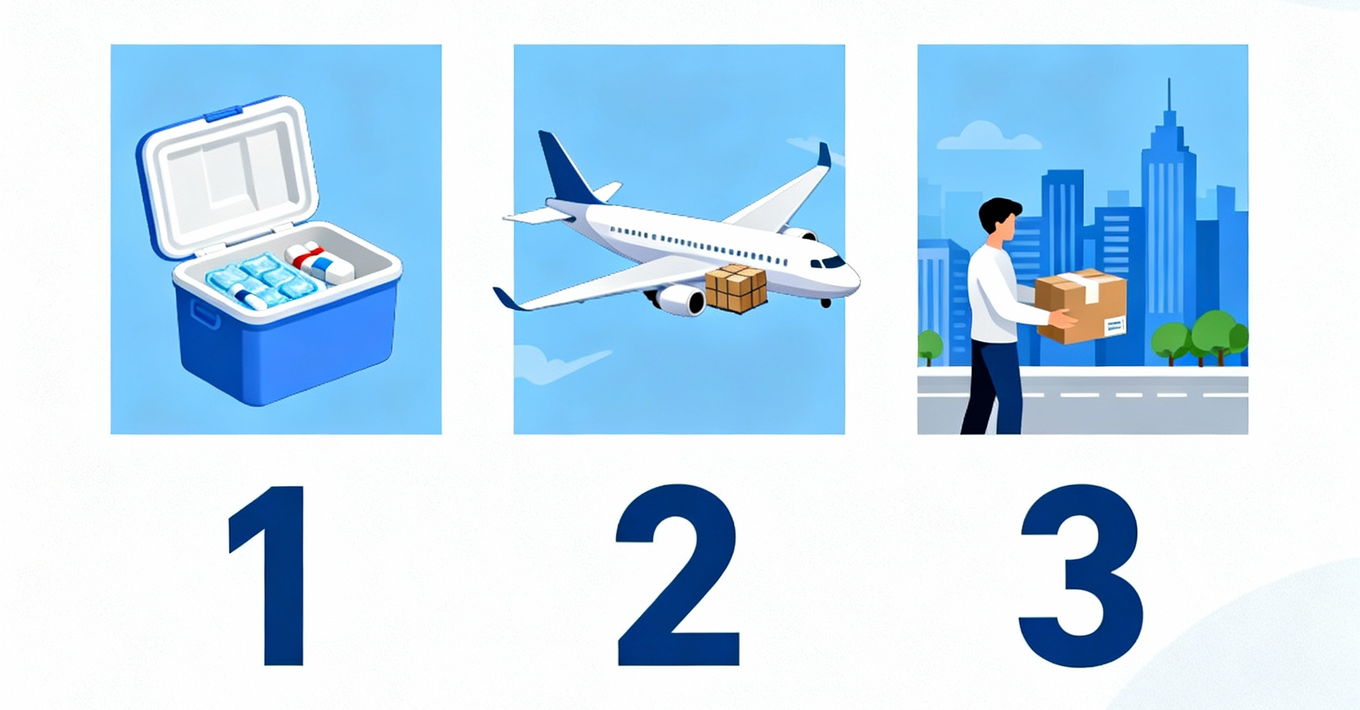 Gráfico logístico de tres pasos: caja isotérmica, avión y persona transportando una caja en una ciudad.