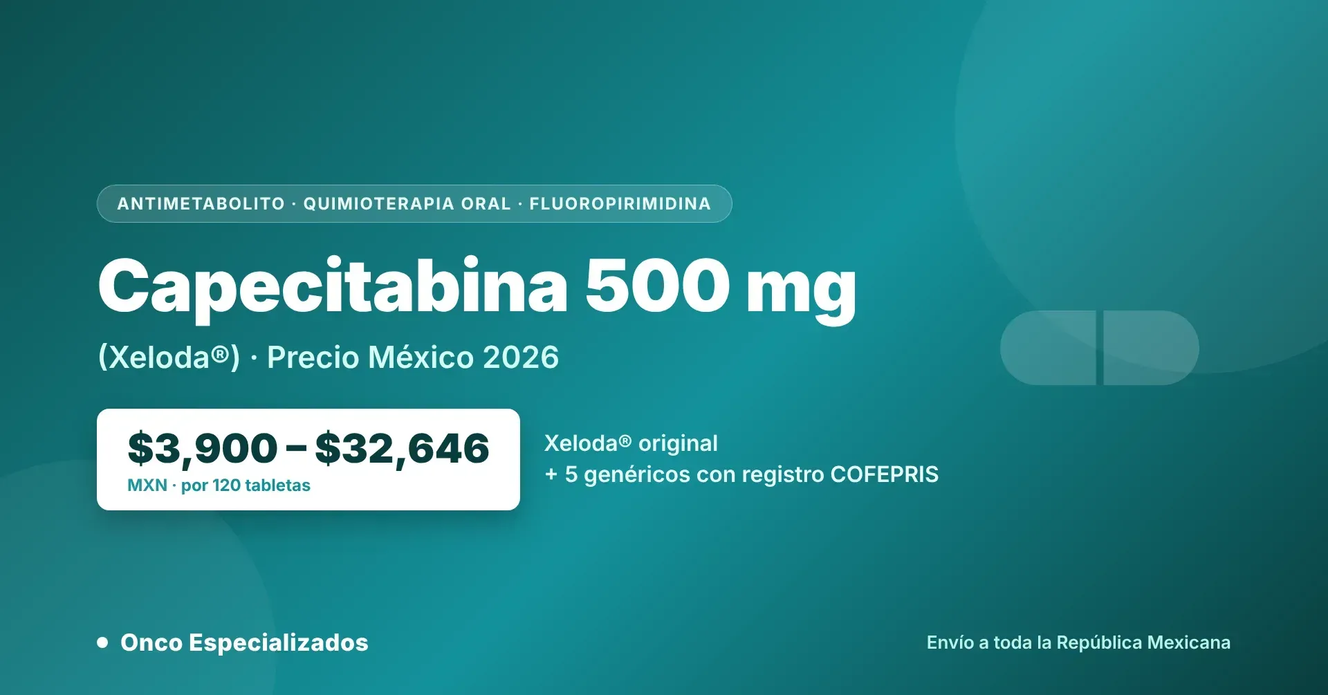 Capecitabina precio México 2026 — Xeloda y 5 genéricos COFEPRIS, de $3,900 a $32,646 MXN