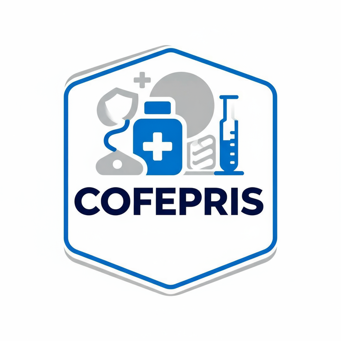 Logotipo de COFEPRIS con iconos médicos azules y un borde hexagonal blanco.