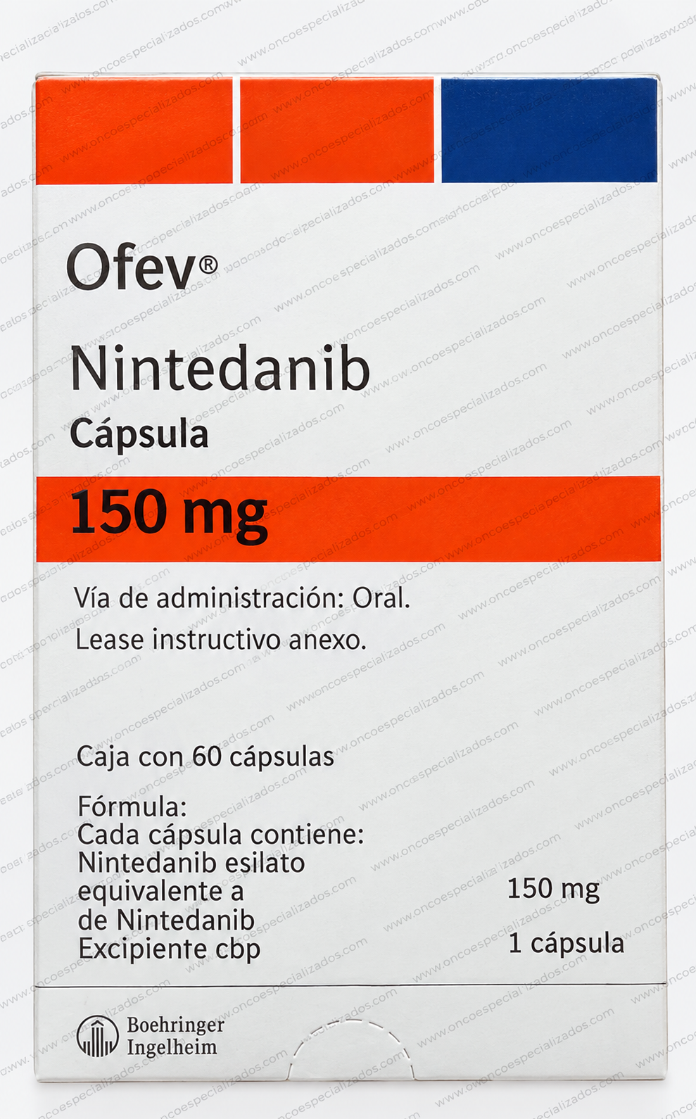 Caja de cápsulas Ofev Nintedanib de 150 mg, con envase naranja y azul