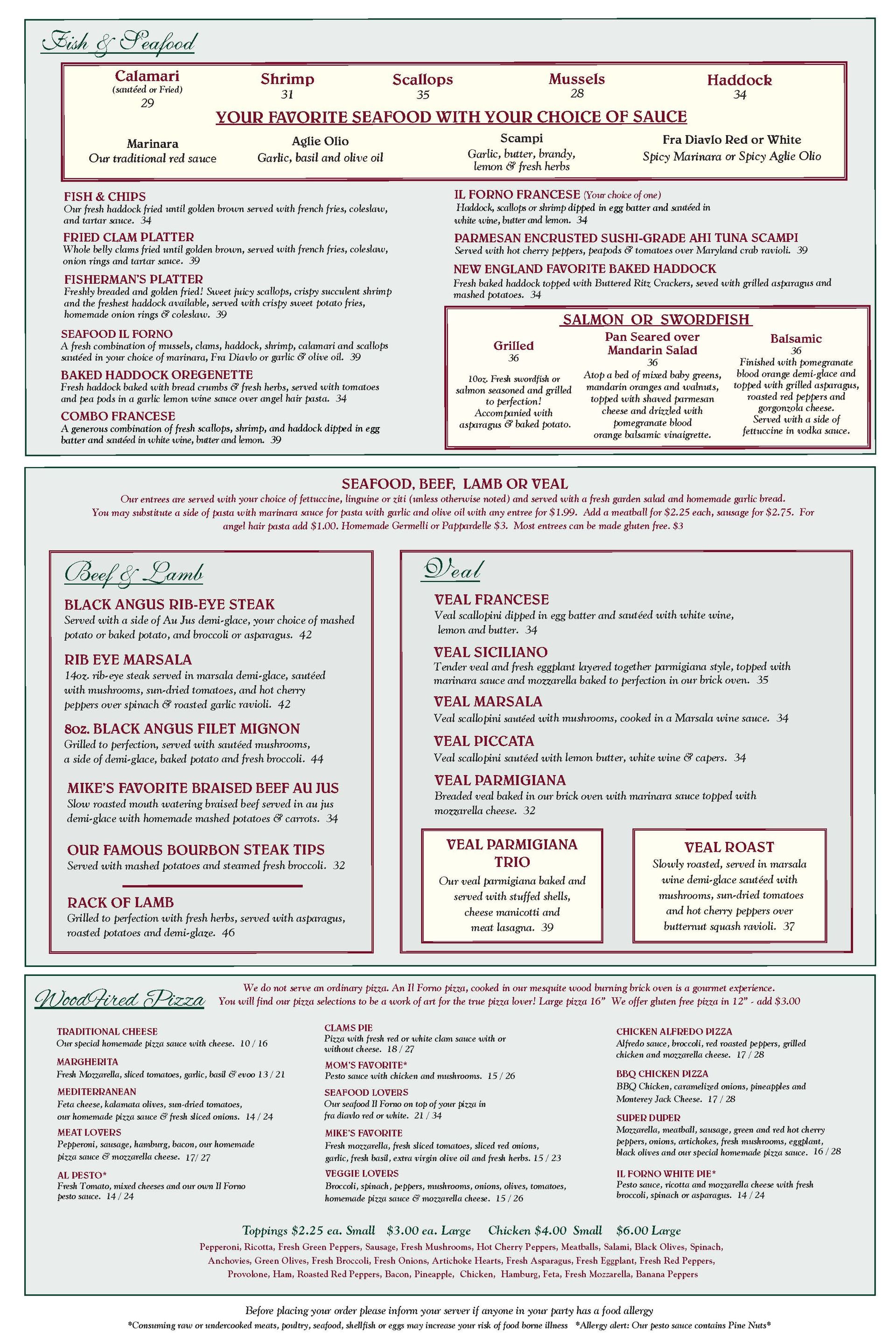Dinner Specials | Il Forno Restaurant and Catering | Littleton MA