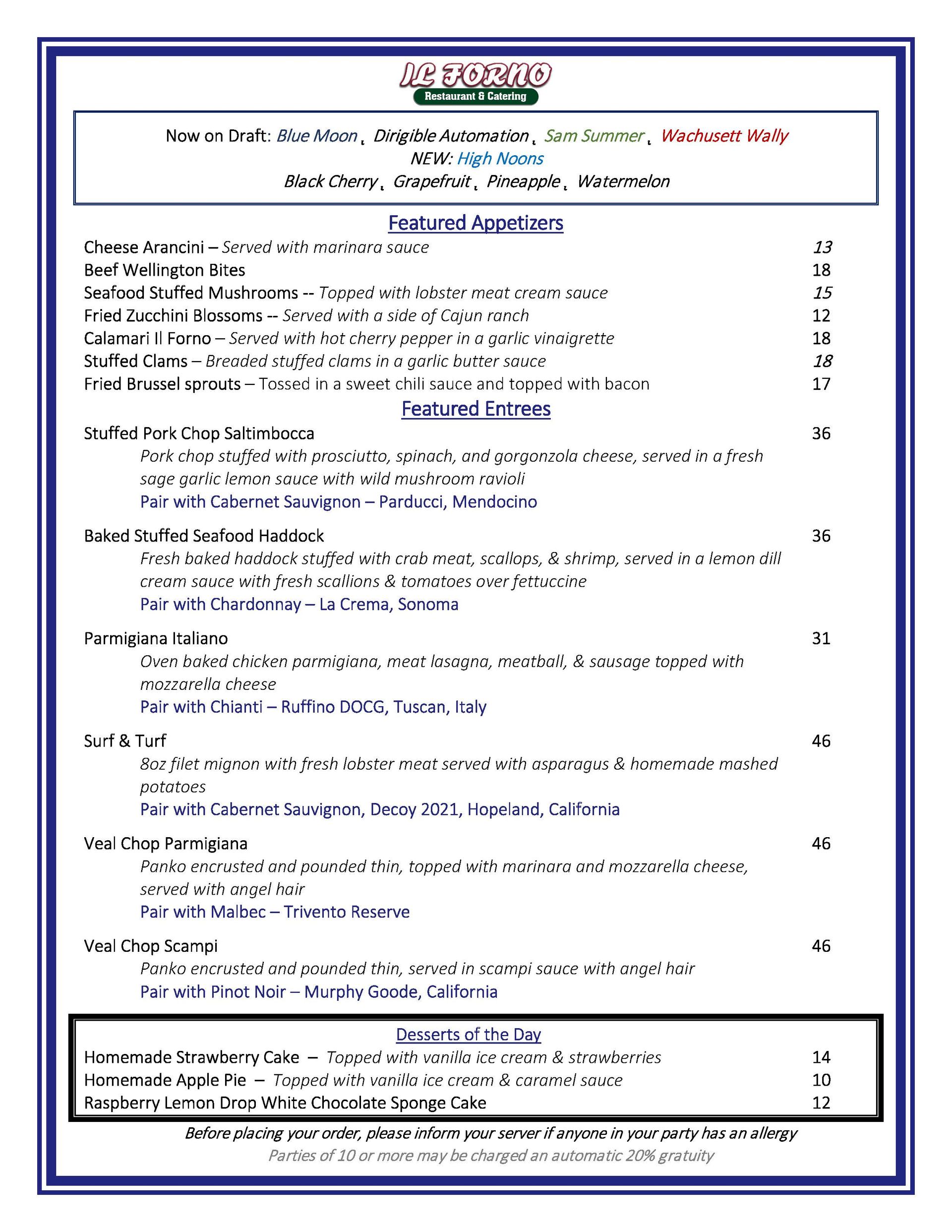 Dinner Specials Menu | Il Forno Restaurant and Catering | Littleton MA
