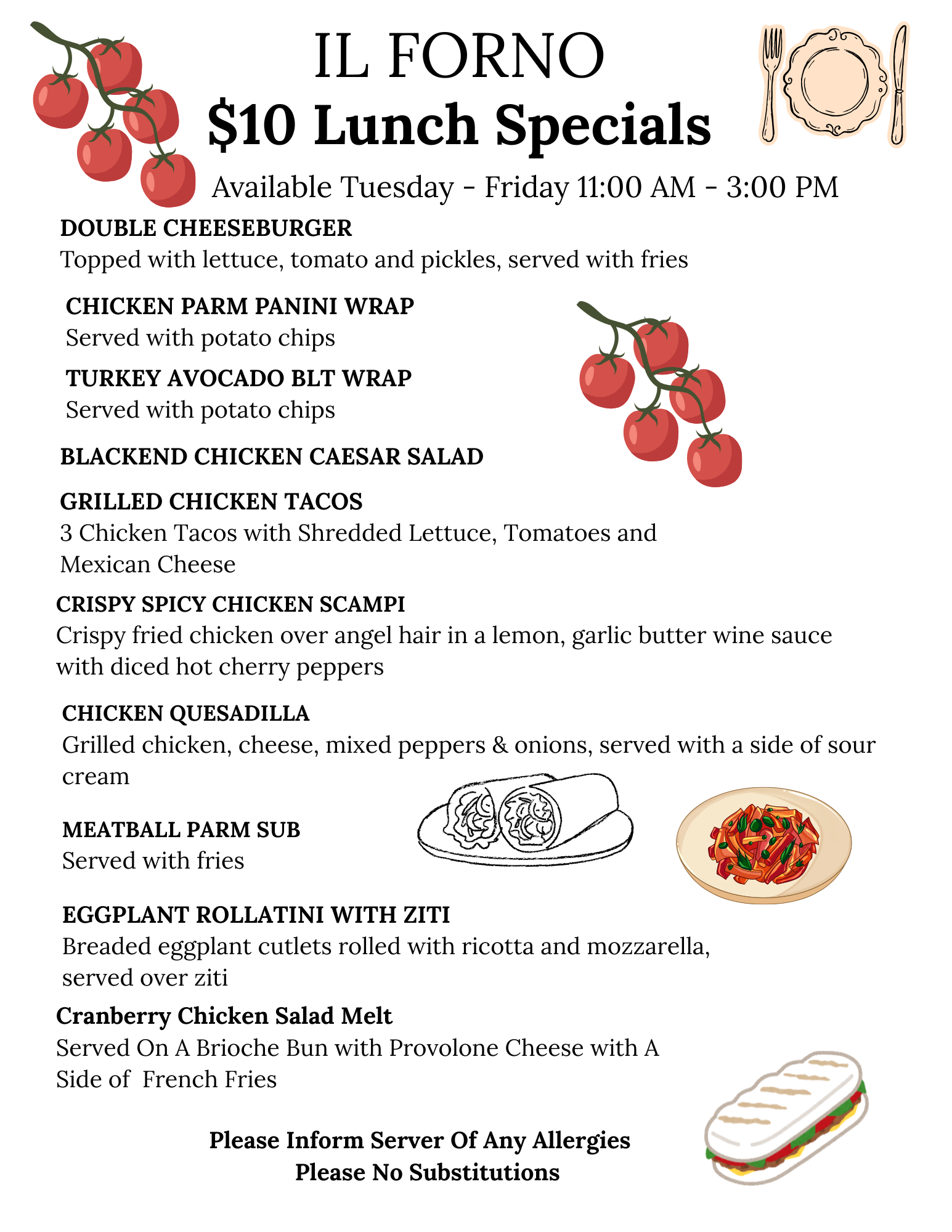 Il Forno menu with pizza, sandwiches, pasta, and salads, bordered by tomatoes and grapes